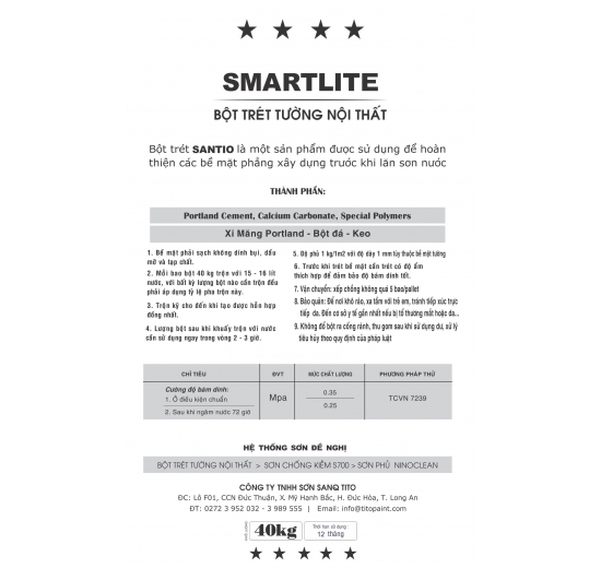 BỘT TRÉT TƯỜNG NỘI THẤT TITO SMARTLITE 40KG